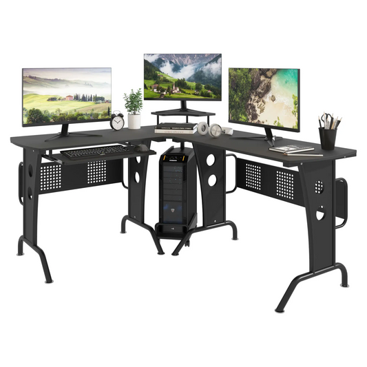 L-Shaped Corner Work Desk Gaming Office with Steel Frame CPU Rack Keyboard Tray Space-Saving Melamine Coating Computer in Black | HOMCOM