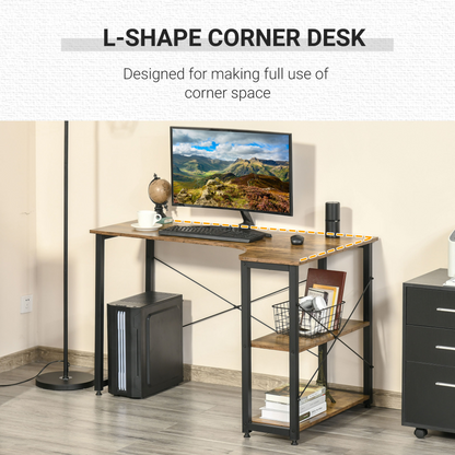L-Shaped Computer Desk Home Office Corner Desk Study Workstation Table with 2 Shelves, Steel Frame in Rustic Brown | HOMCOM
