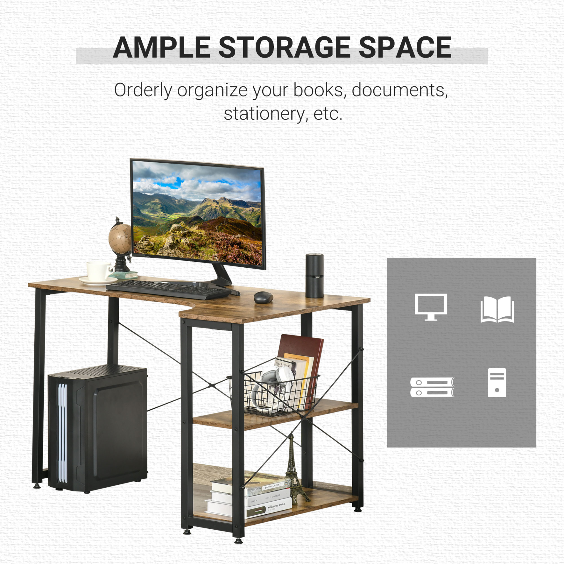 L-Shaped Computer Desk Home Office Corner Desk Study Workstation Table with 2 Shelves, Steel Frame in Rustic Brown | HOMCOM