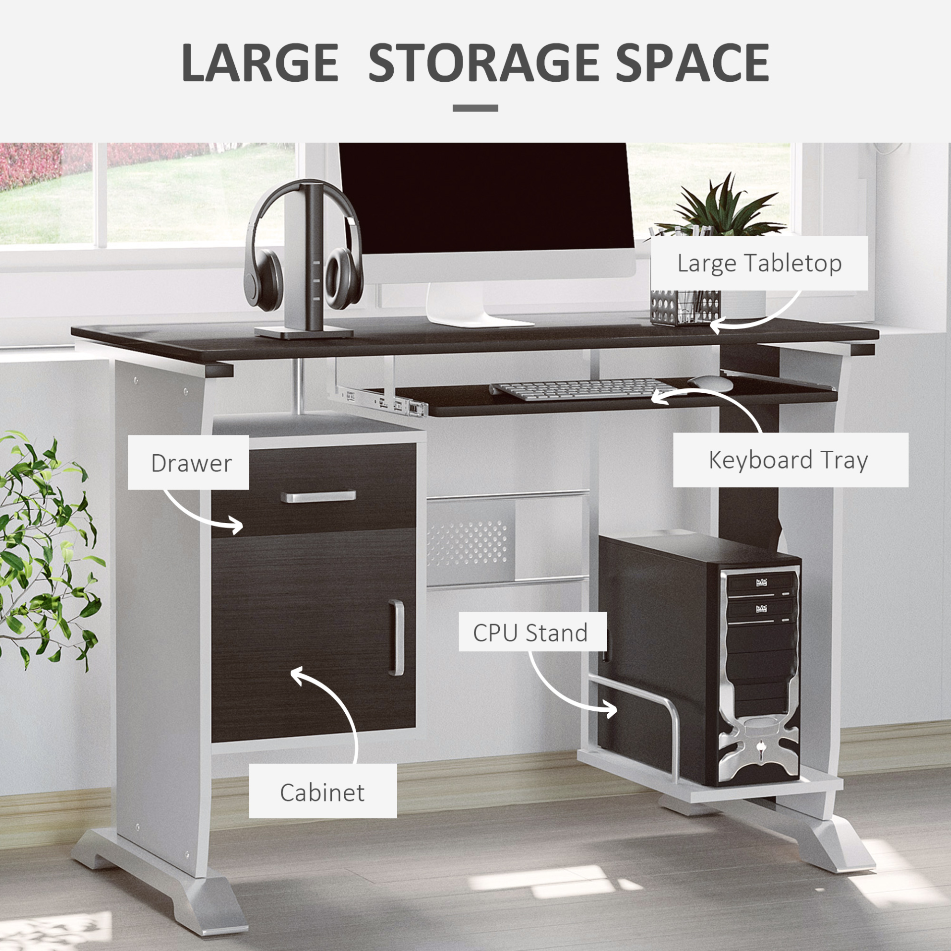 Home Office Workstation Desk, PC Computer Desk with Sliding Keyboard Tray, Storage Drawers, Host Box Shelf, Black Walnut | HOMCOM
