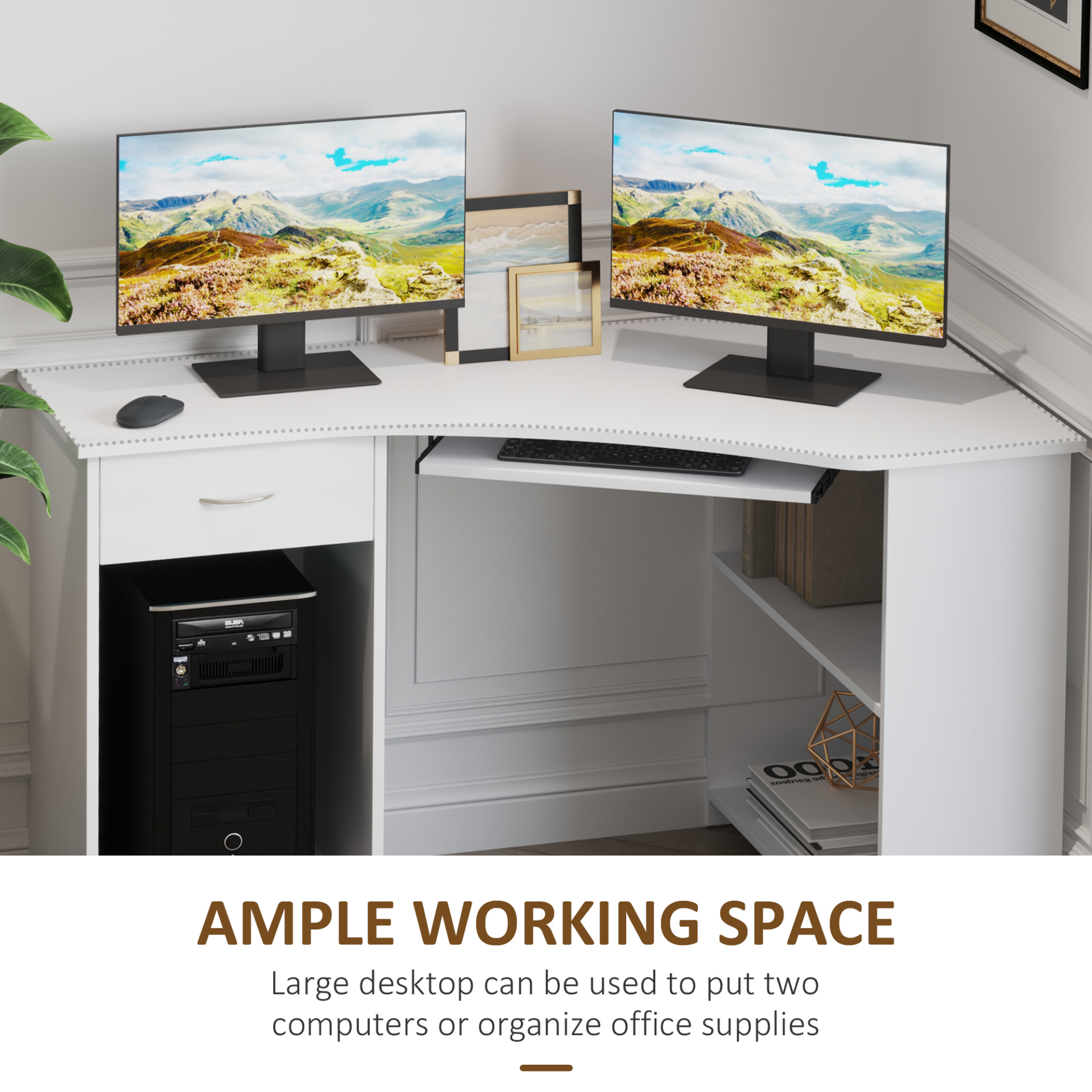 L-Shaped Desk: Shelves, Keyboard Tray, Drawer & CPU Stand for Home Office or Study, Pristine White | HOMCOM
