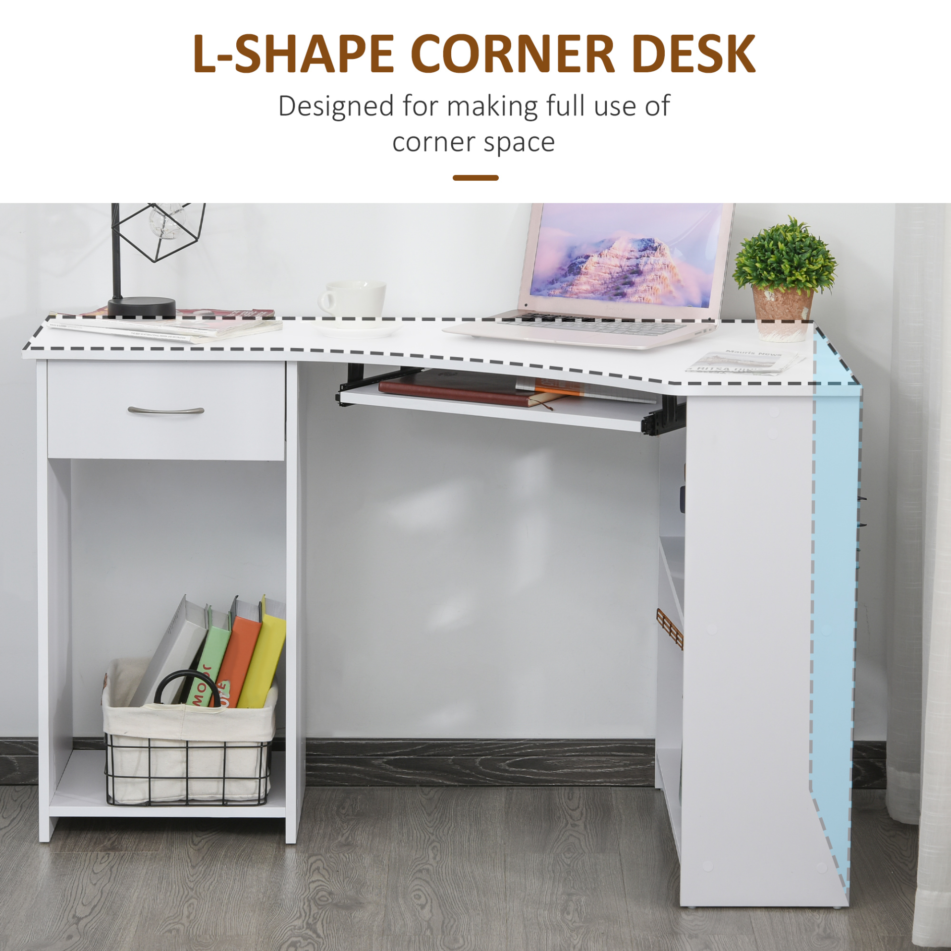 L-Shaped Desk: Shelves, Keyboard Tray, Drawer & CPU Stand for Home Office or Study, Pristine White | HOMCOM