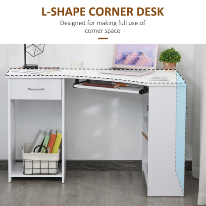 L-Shaped Desk: Shelves, Keyboard Tray, Drawer & CPU Stand for Home Office or Study, Pristine White | HOMCOM
