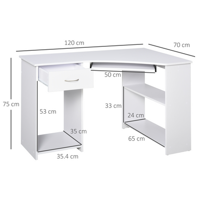 L-Shaped Desk: Shelves, Keyboard Tray, Drawer & CPU Stand for Home Office or Study, Pristine White | HOMCOM