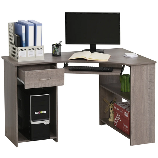 L-Shaped Corner Computer Desk w/ 2 Shelves Wide Worktop Keyboard Tray Drawer & CPU Stand Home Office Study Bedroom Furniture Grey | HOMCOM
