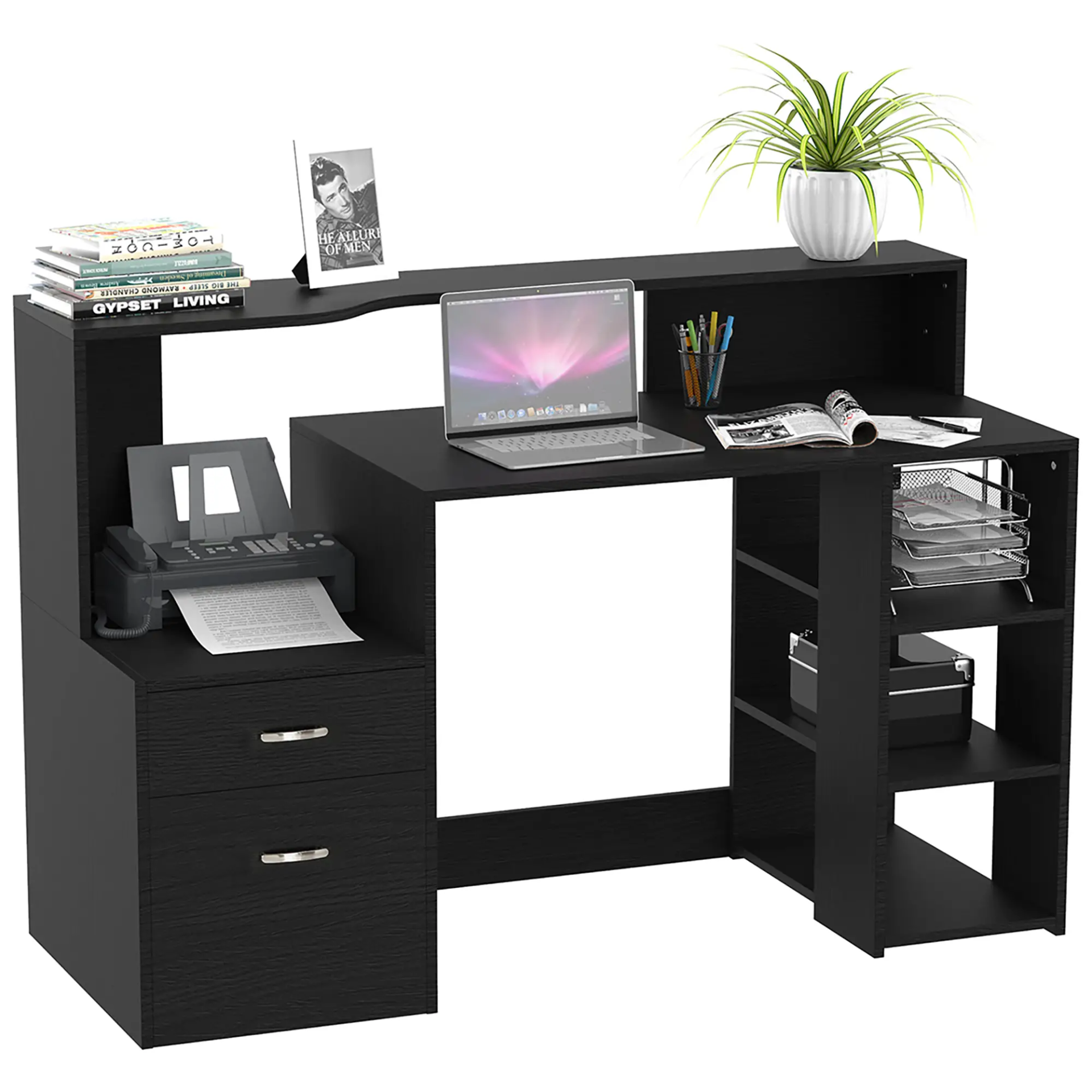Computer Desk PC Table Modern Home Office Writing Workstation Furniture Printer Shelf Rack w/ Storage Drawer & Shelves (BLACK) by HOMCOM