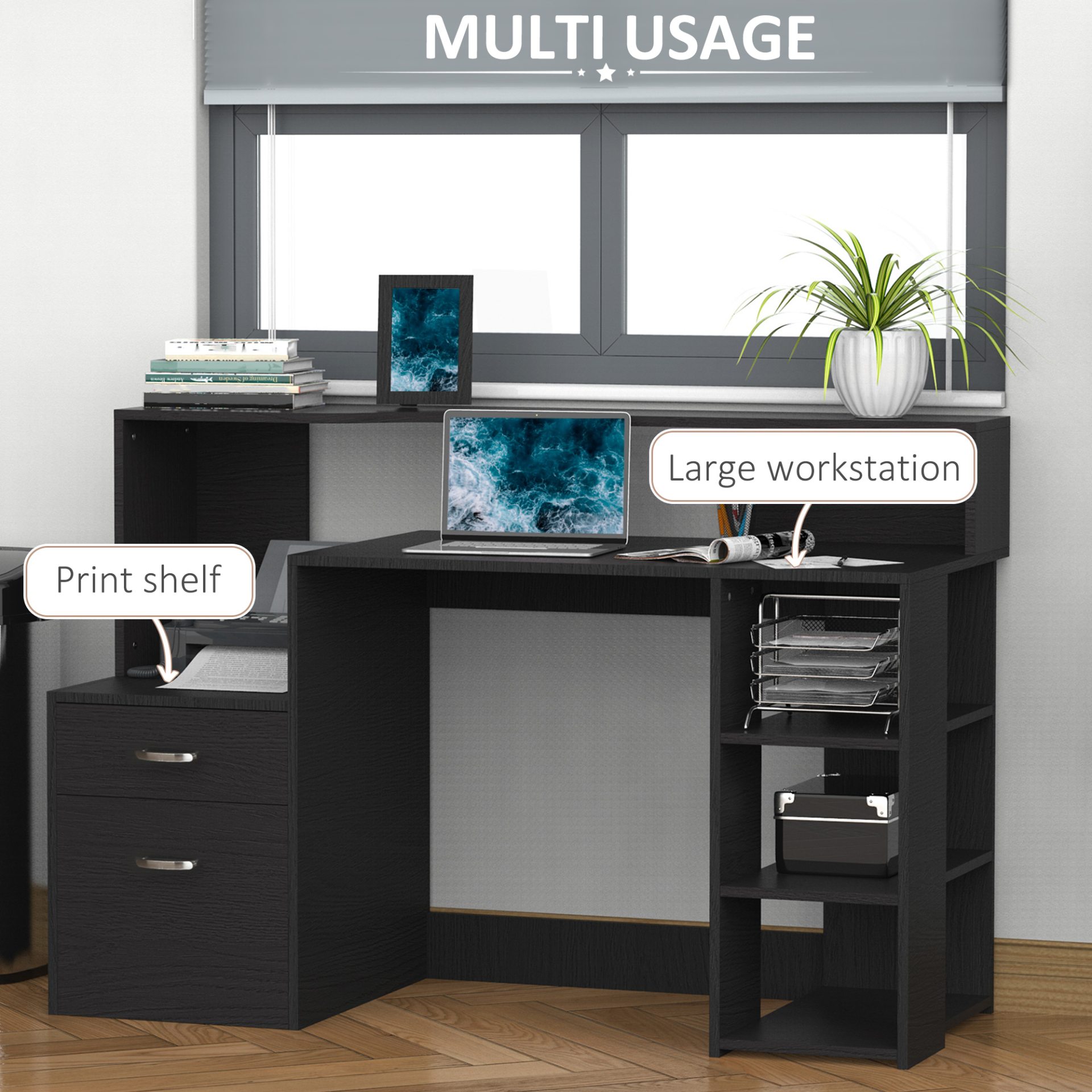Computer Desk PC Table Modern Home Office Writing Workstation Furniture Printer Shelf Rack w/ Storage Drawer & Shelves (BLACK) by HOMCOM