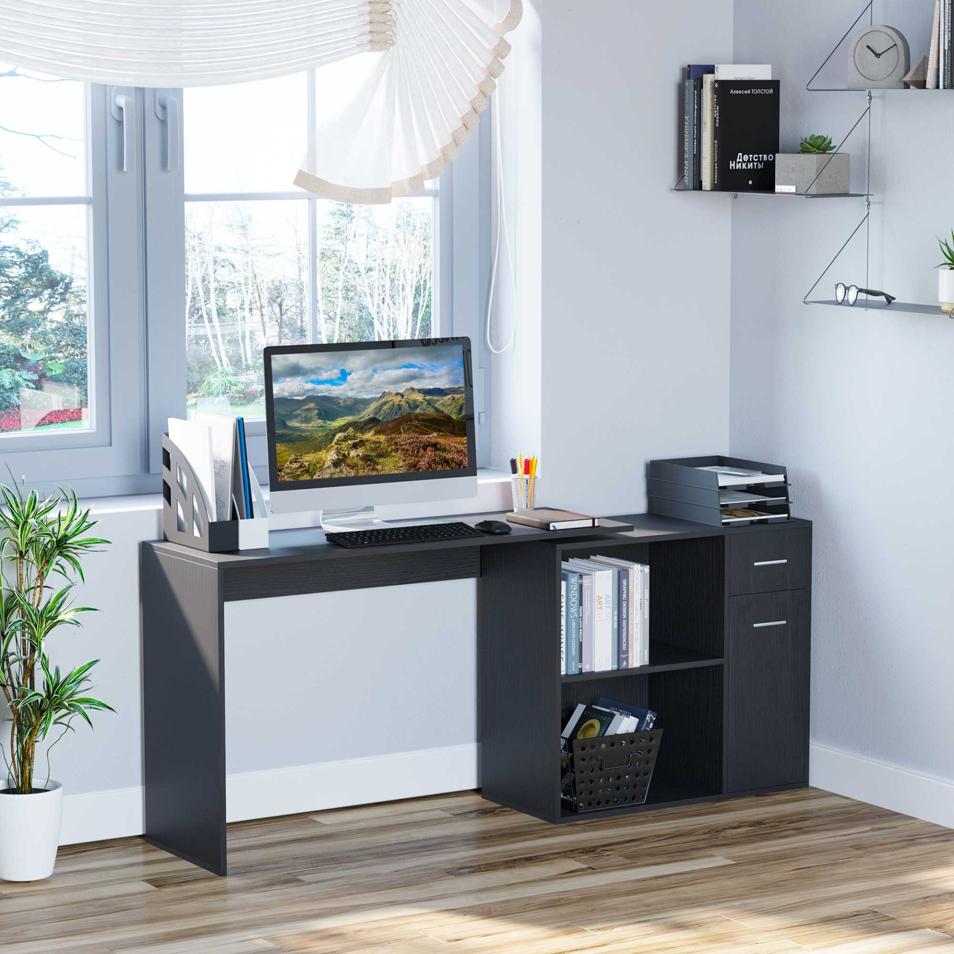 L-Shaped corner computer desk Table Study Table PC Workstation with Storage Shelf Drawer Home Office Black | HOMCOM