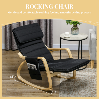 Rocking Lounge Chair Recliner Relaxation Lounging Relaxing Seat with Adjustable Footrest, Side Pocket and Pillow, Black by HOMCOM