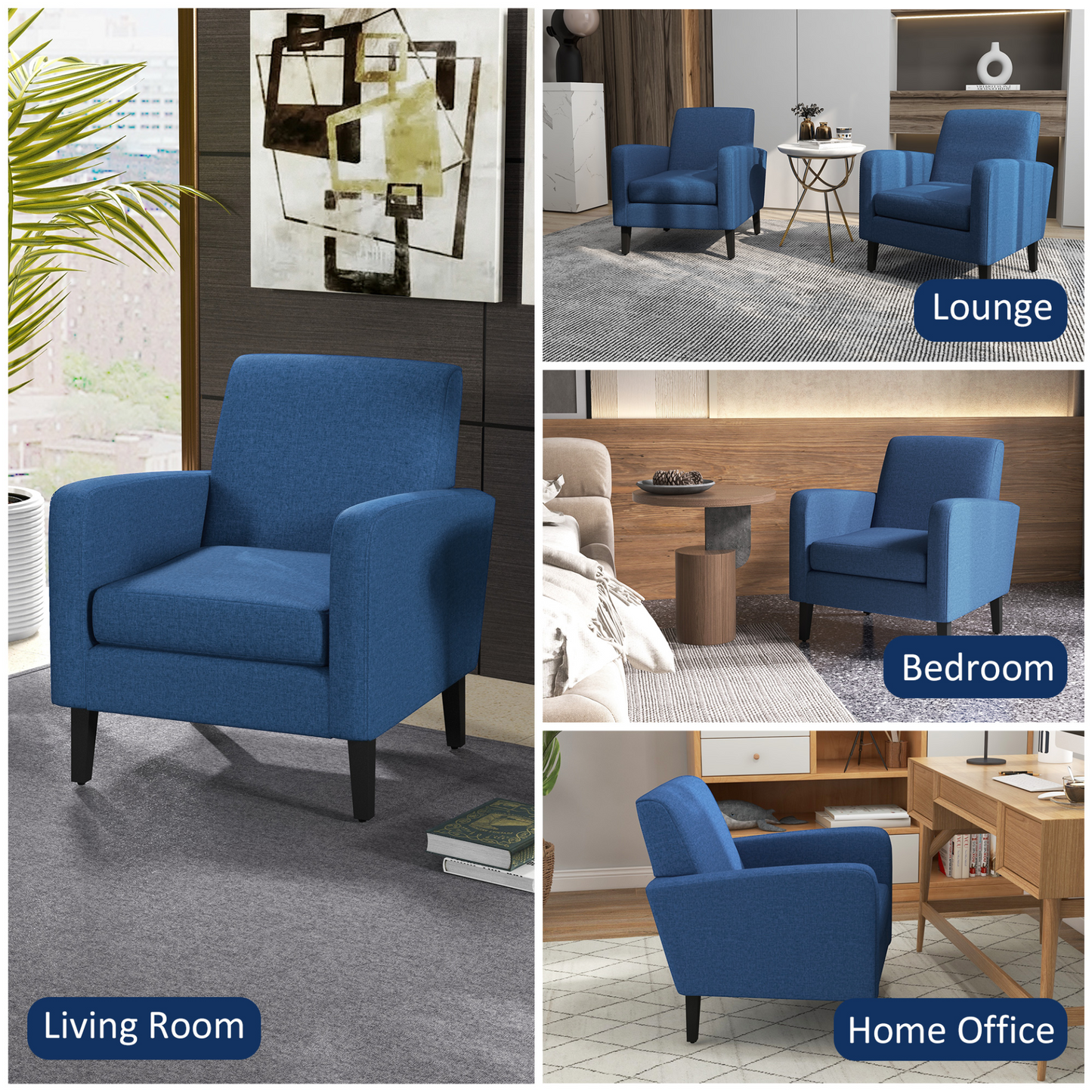2 Pieces Modern Armchairs with Rubber Wood Legs, Upholstered Accent Chairs, Single Sofa for Living Room, Bedroom, Blue by HOMCOM