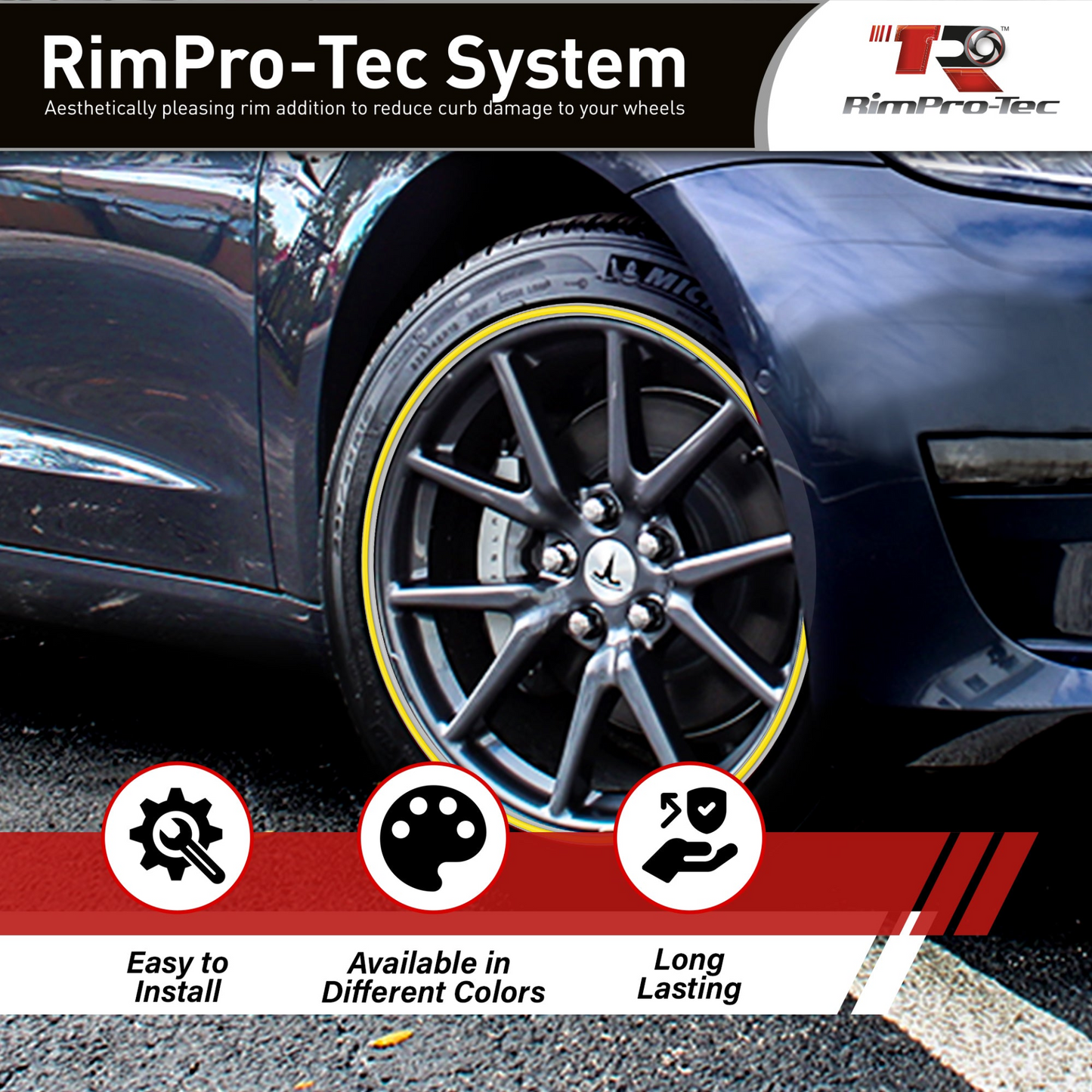 4x Silver Base's 4x Yellow  Pinstripe's / RimPro-Tec® Wheelbands™ car wheel styling kit