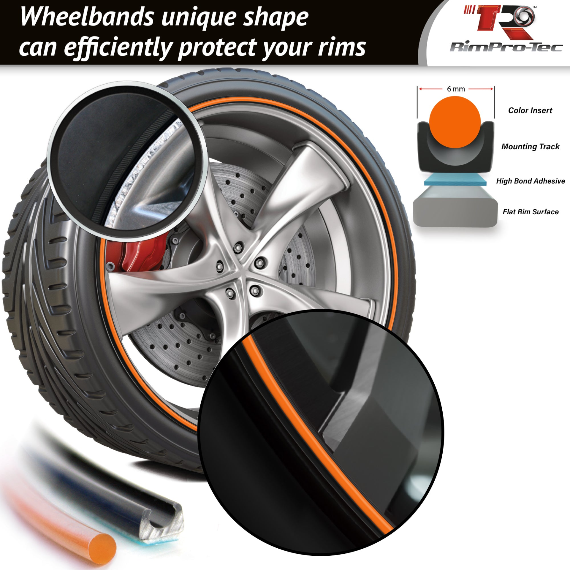 4x Black Base's 4x Orange Pinstripe's / RimPro-Tec® Wheelbands™ car wheel styling kit