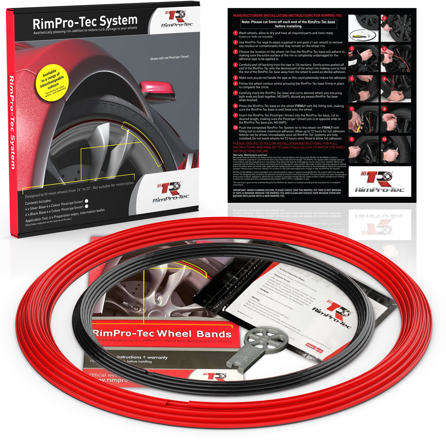 4x Red Base's 4x Black Pinstripe's / RimPro-Tec® Wheelbands™ Car Wheel Styling Kit