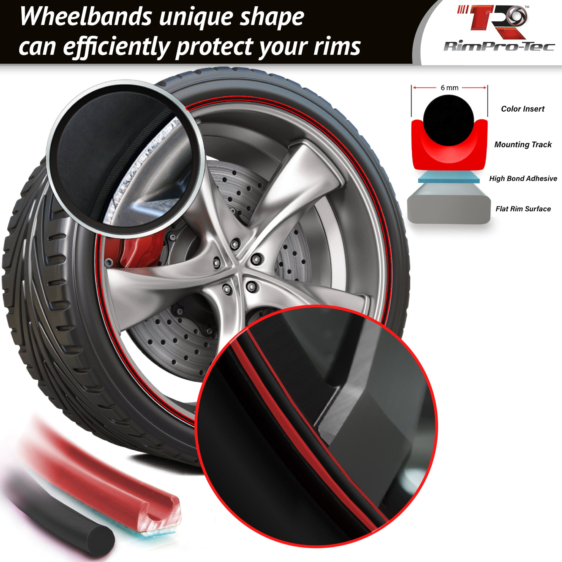4x Red Base's 4x Black Pinstripe's / RimPro-Tec® Wheelbands™ Car Wheel Styling Kit