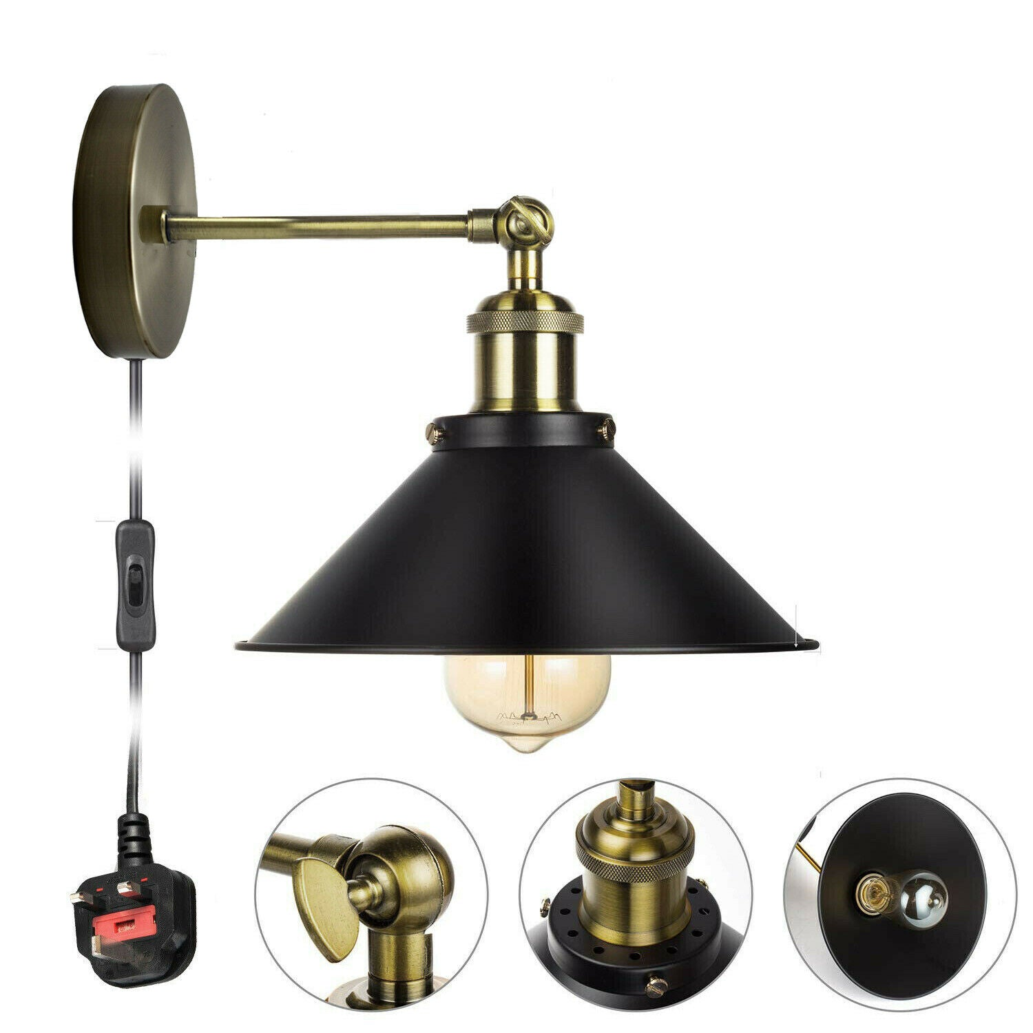 Vintage Plug-In Wall Light Black Sconce E27 Lamp~2271