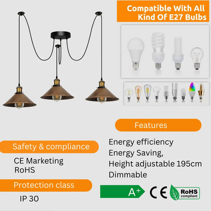 Spider Pendant Lamp 3 Way Hanging Brushed Copper Ceiling Lamp Lighting~4069