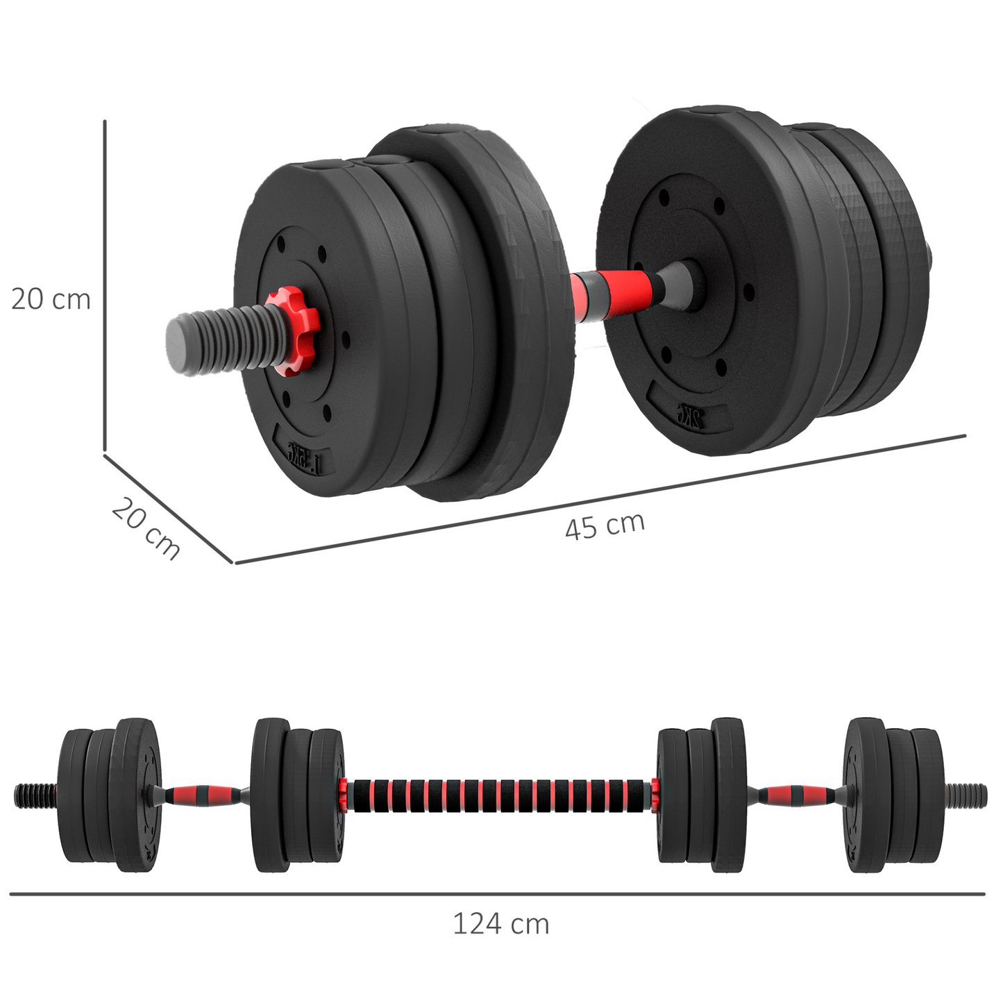 20kg 2 IN 1 Adjustable Dumbbells Weight Set, Dumbbell Hand Weight Barbell for Body Fitness, Lifting Training for Home, Office, Gym, Black by HOMCOM