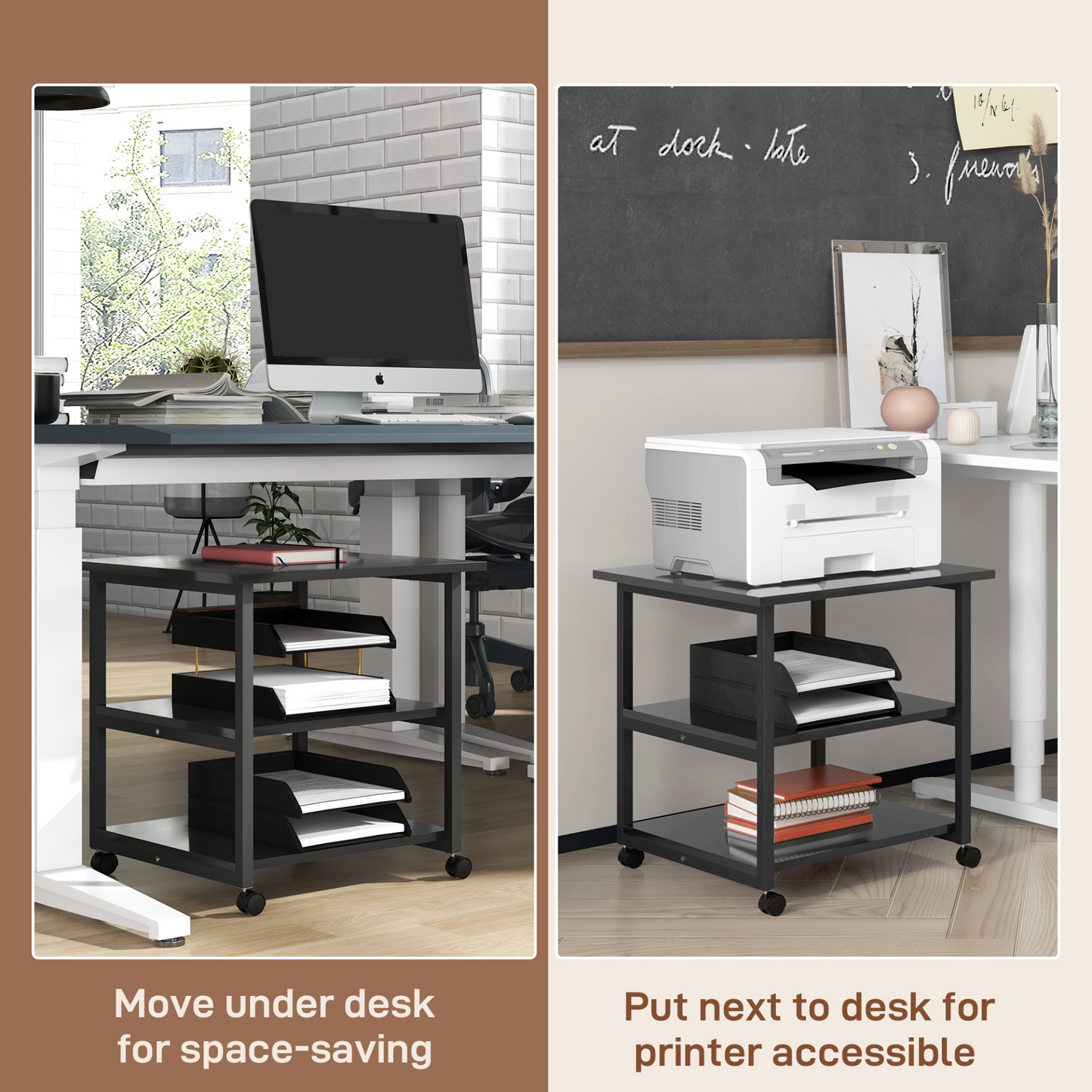 3-Tier Printer Stand with Storage Shelf, Mobile Printer Table on Wheels, 50 x 50 x 52.5cm Rolling Printer Cart for Office, Black | HOMCOM