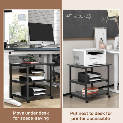 3-Tier Printer Stand with Storage Shelf, Mobile Printer Table on Wheels, 50 x 50 x 52.5cm Rolling Printer Cart for Office, Black | HOMCOM