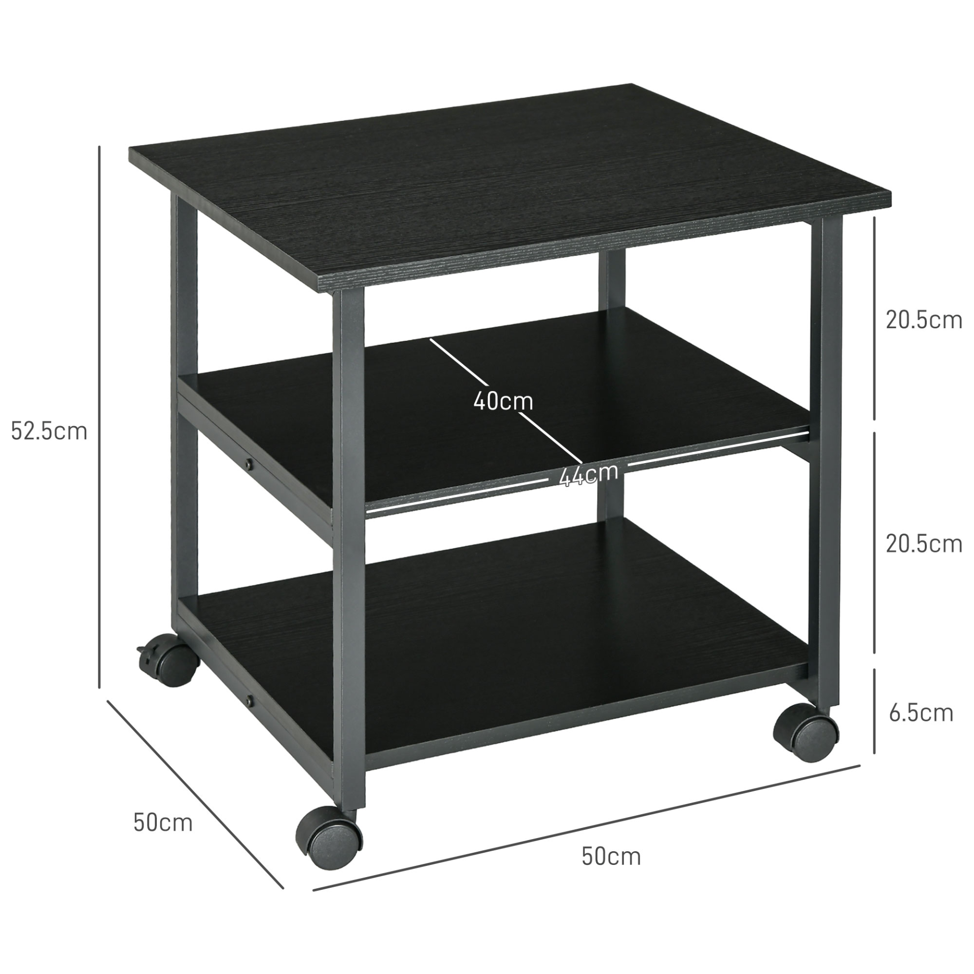 3-Tier Printer Stand with Storage Shelf, Mobile Printer Table on Wheels, 50 x 50 x 52.5cm Rolling Printer Cart for Office, Black | HOMCOM