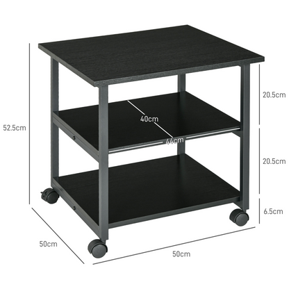 3-Tier Printer Stand with Storage Shelf, Mobile Printer Table on Wheels, 50 x 50 x 52.5cm Rolling Printer Cart for Office, Black | HOMCOM