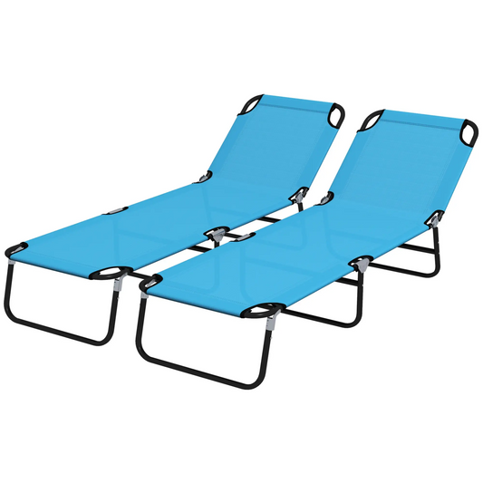 Foldable Sun Lounger Set of 2 with 5-Position Adjustable Backrest, Outdoor Portable Recliner Chaise Lounge Chair with Breathable Mesh Fabric, Sky Blue by Outsunny