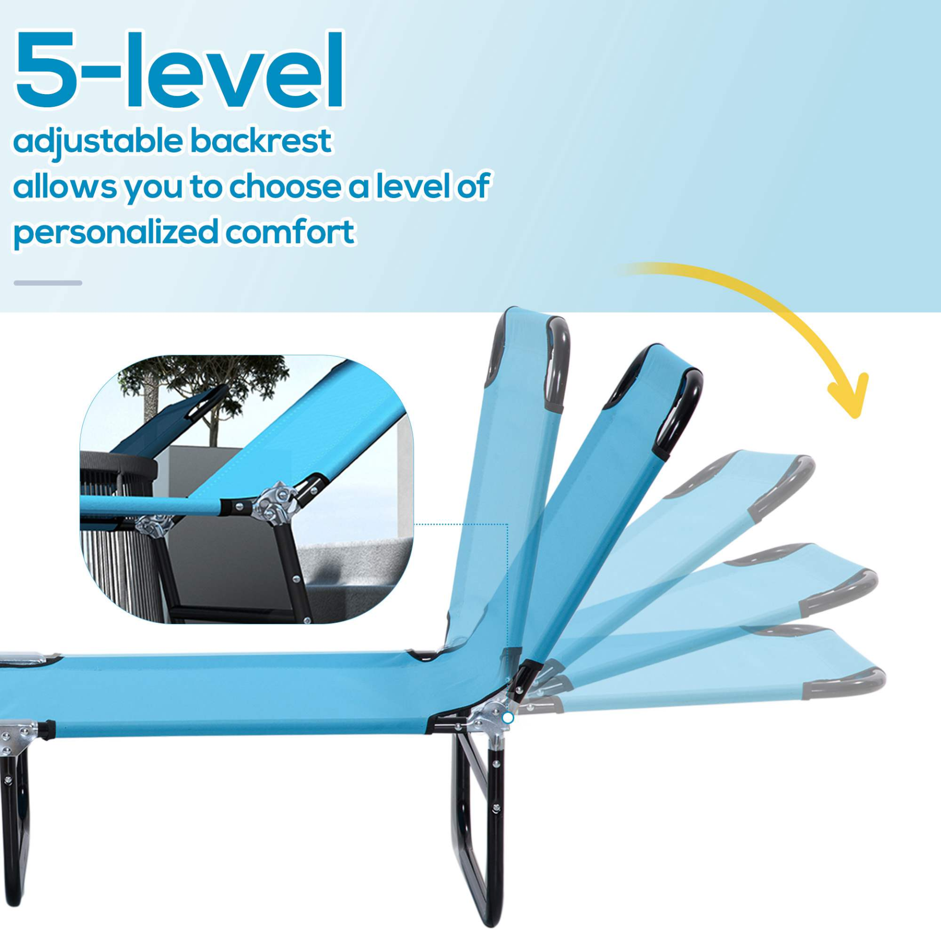 Foldable Sun Lounger Set of 2 with 5-Position Adjustable Backrest, Outdoor Portable Recliner Chaise Lounge Chair with Breathable Mesh Fabric, Sky Blue by Outsunny
