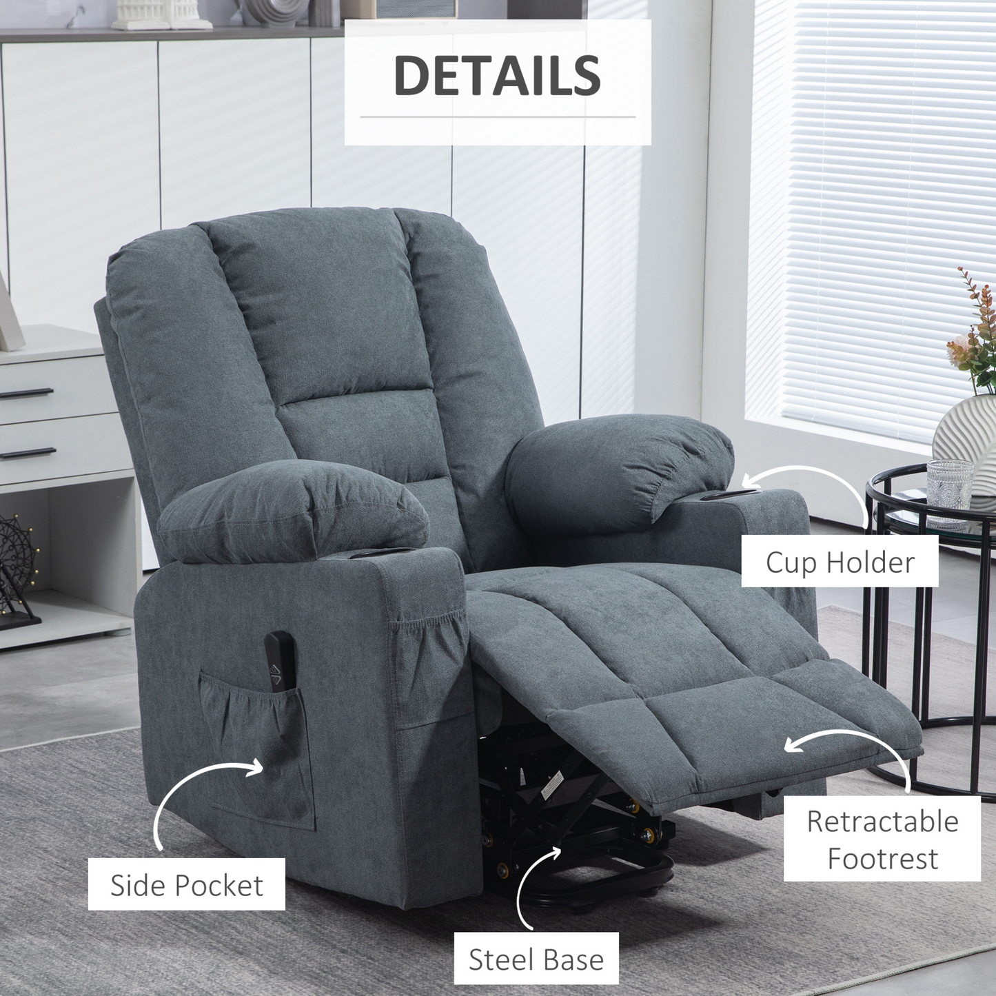 Oversized Riser and Recliner Chairs for the Elderly, Fabric Upholstered Lift Chair for Living Room w/ Remote Control, Side Pockets | HOMCOM