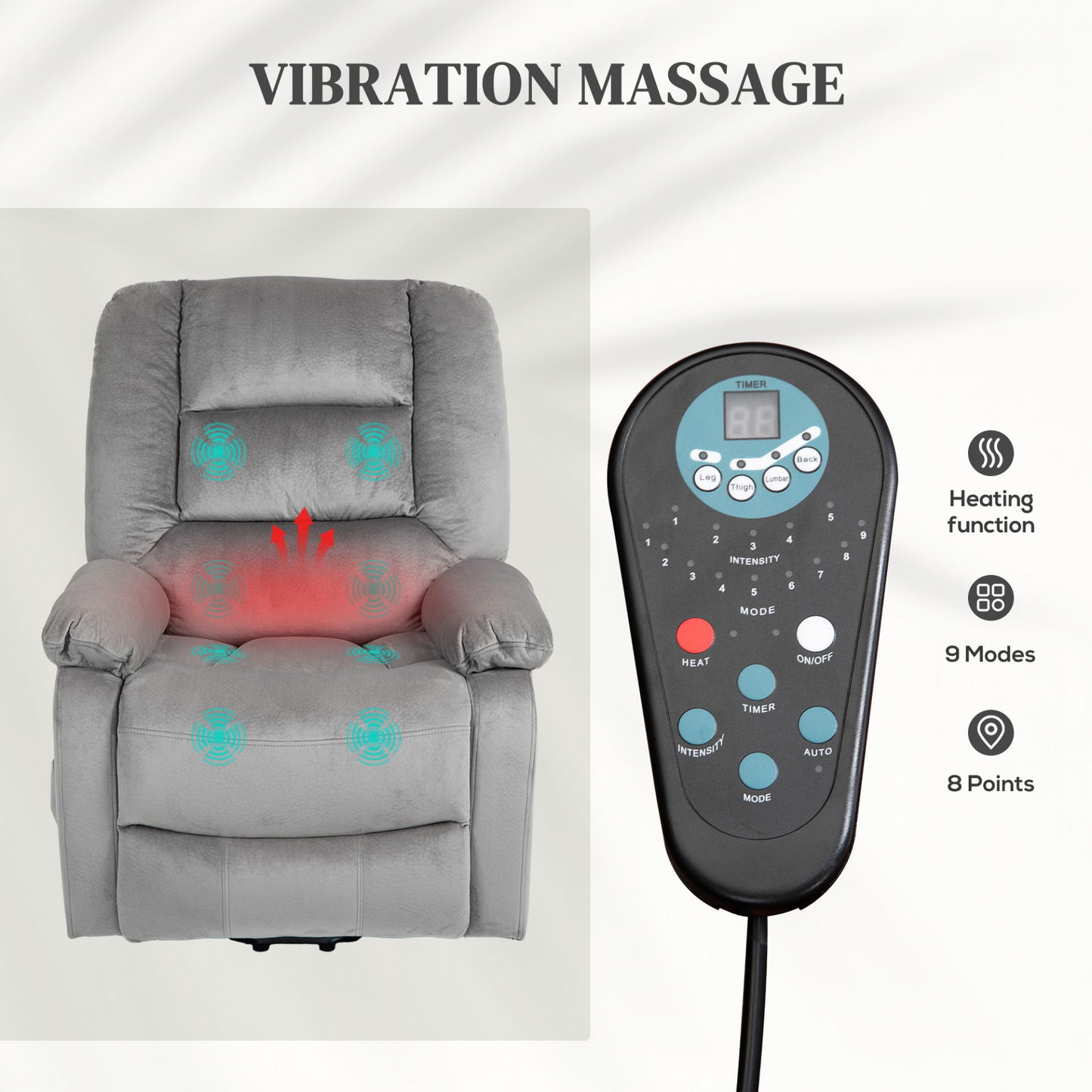 Electric Riser and Recliner Chair with Vibration Massage, Heat, Side Pocket, Grey by HOMCOM