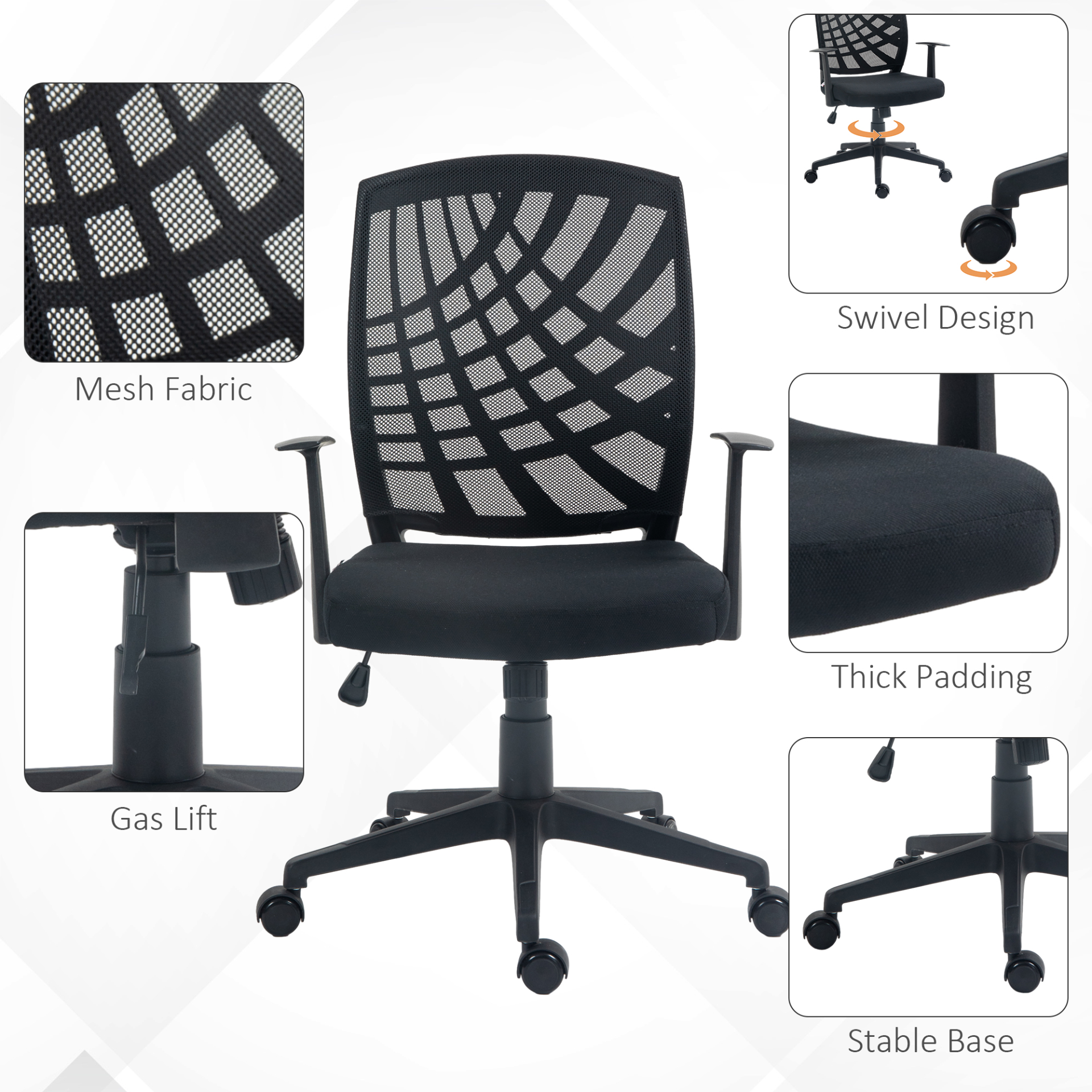 Ergonomic Office Chair, Height Adjustable Mesh Chair, Desk Chair with Swivel Wheels for Home Office, Black | HOMCOM