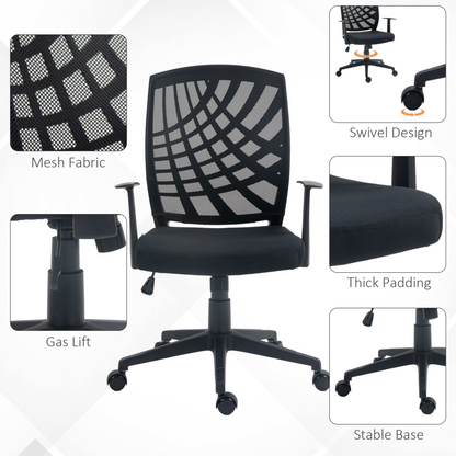 Ergonomic Office Chair, Height Adjustable Mesh Chair, Desk Chair with Swivel Wheels for Home Office, Black | HOMCOM