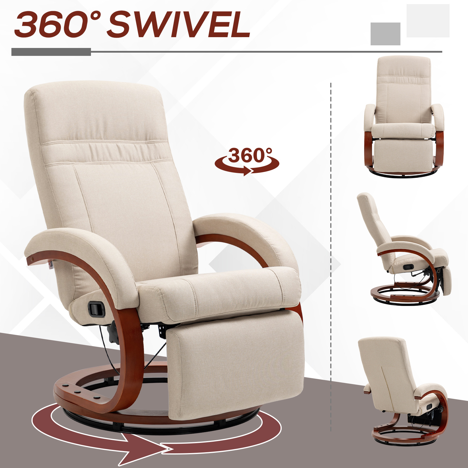 Swivel Recliner Chair with Extended Footrest, Manual Reclining Armchair with Wood Base for Living Room, Bedroom, Beige | HOMCOM