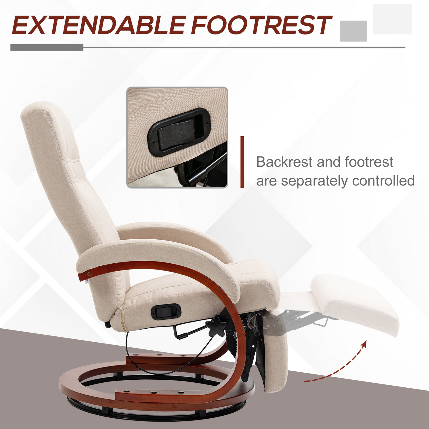 Swivel Recliner Chair with Extended Footrest, Manual Reclining Armchair with Wood Base for Living Room, Bedroom, Beige | HOMCOM