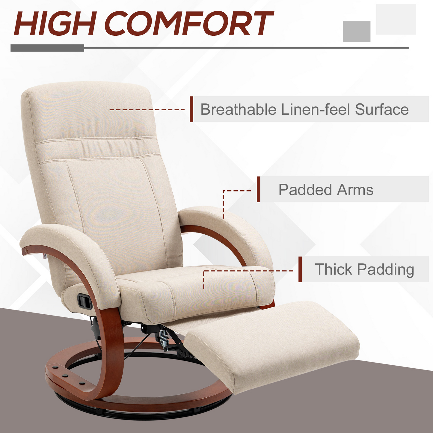 Swivel Recliner Chair with Extended Footrest, Manual Reclining Armchair with Wood Base for Living Room, Bedroom, Beige | HOMCOM