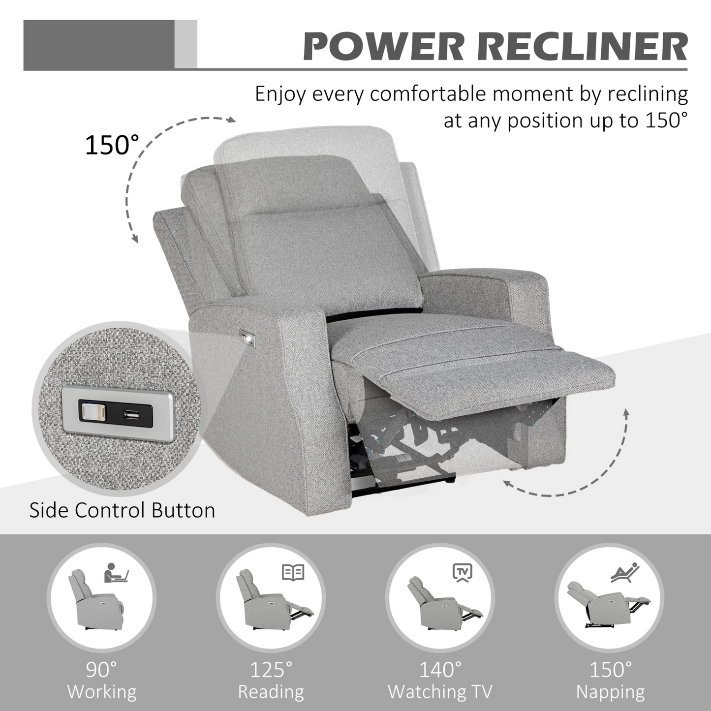 Electric Recliner Armchair, Recliner Chair with Adjustable Leg Rest, USB Port in Grey | HOMCOM