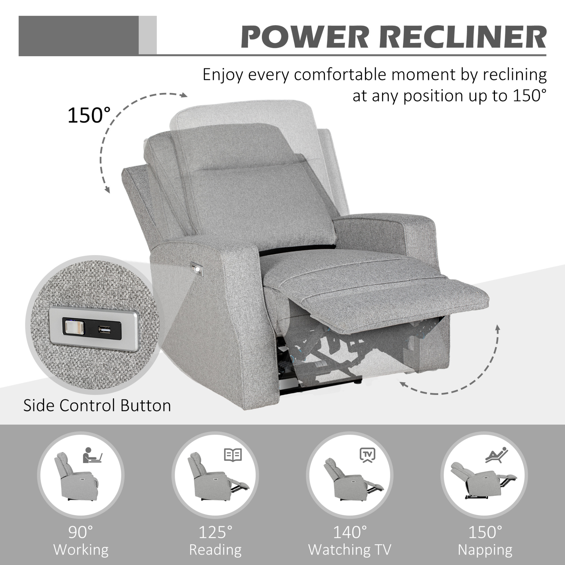 Electric Recliner Armchair, Recliner Chair with Adjustable Leg Rest, USB Port in Grey | HOMCOM