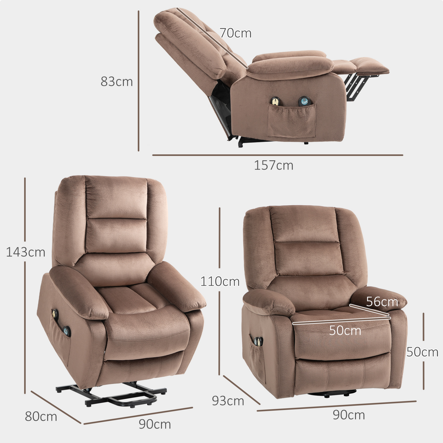 Electric Riser and Recliner Chair with Vibration Massage, Heat, Side Pocket, Brown | HOMCOM