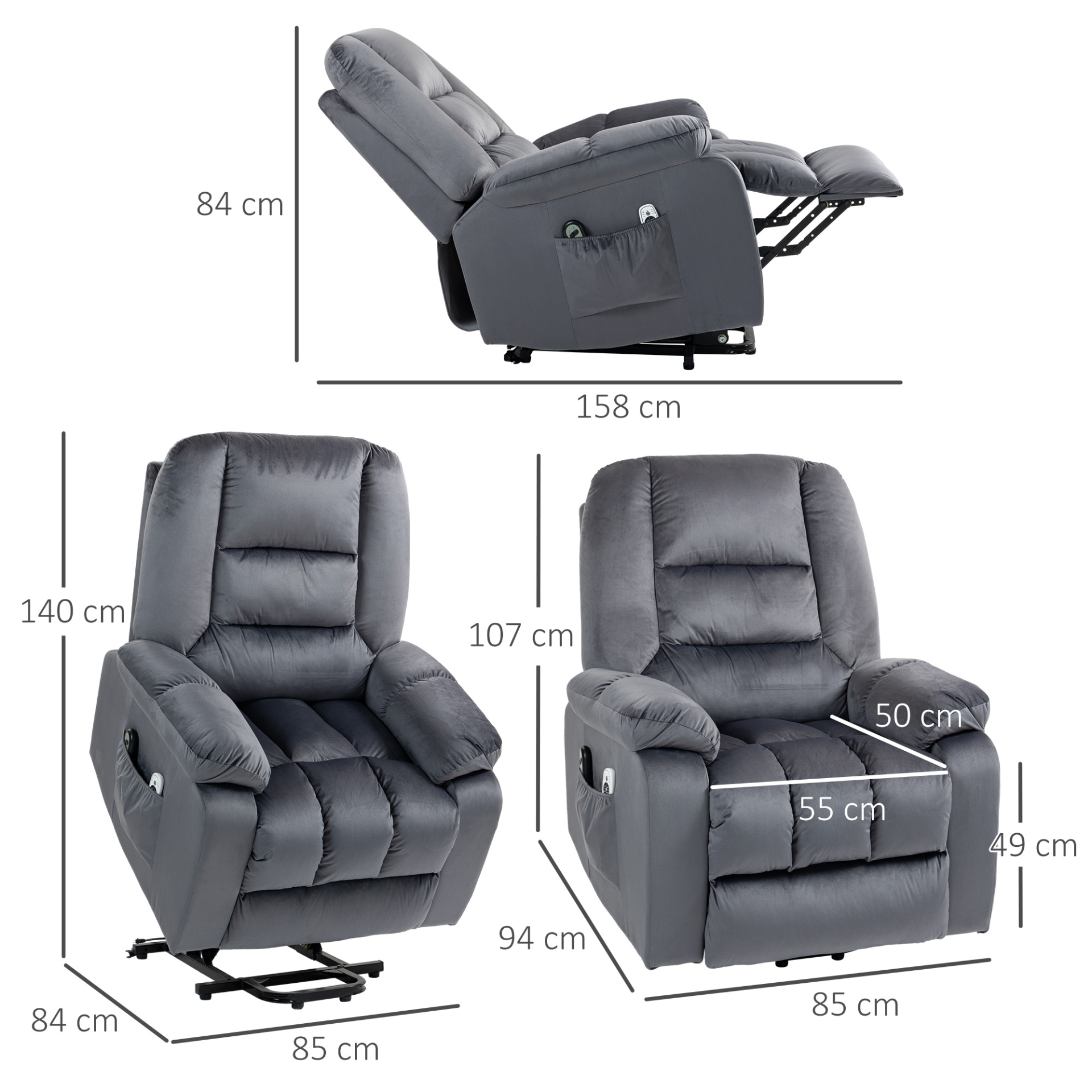 Lift Chair, Quick Assembly, Electric Riser and Recliner Chair with Vibration Massage, Heat, Side Pockets, Grey | HOMCOM