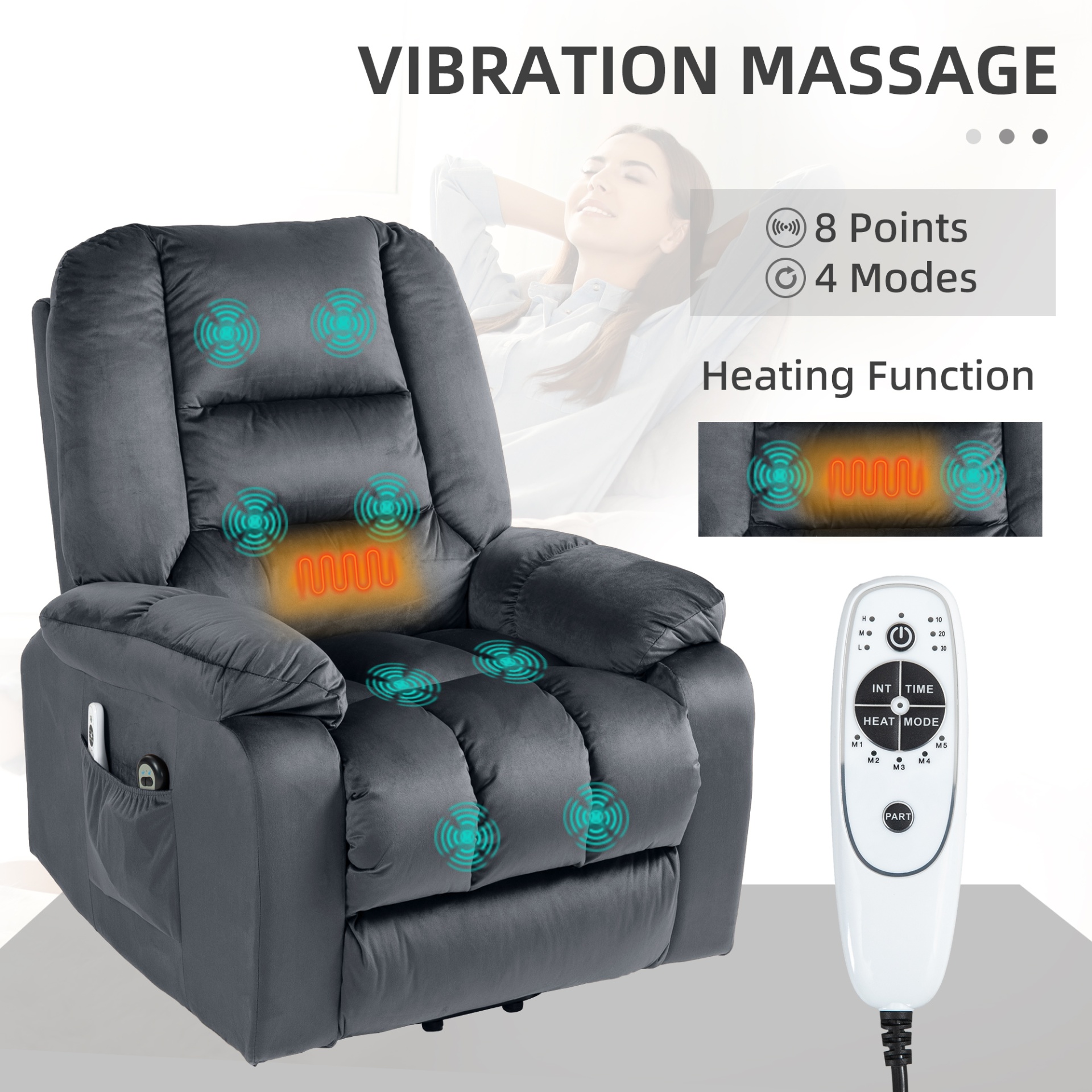 Lift Chair, Quick Assembly, Electric Riser and Recliner Chair with Vibration Massage, Heat, Side Pockets, Grey | HOMCOM