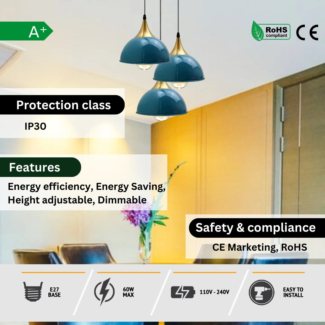 Blue 3 Way Vintage Industrial Metal Lampshade Modern Hanging Retro Ceiling Pendant Lights~3524