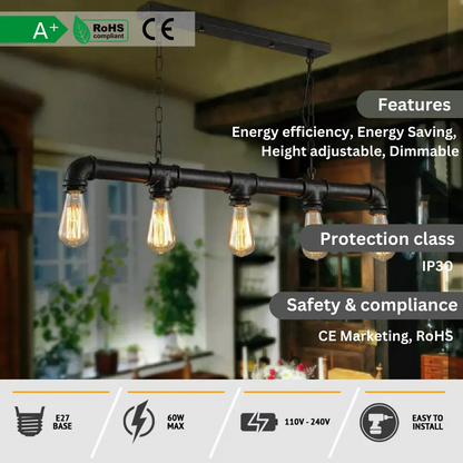 Waterpipe Ceiling Light 5 Light Chandelier Black~2110