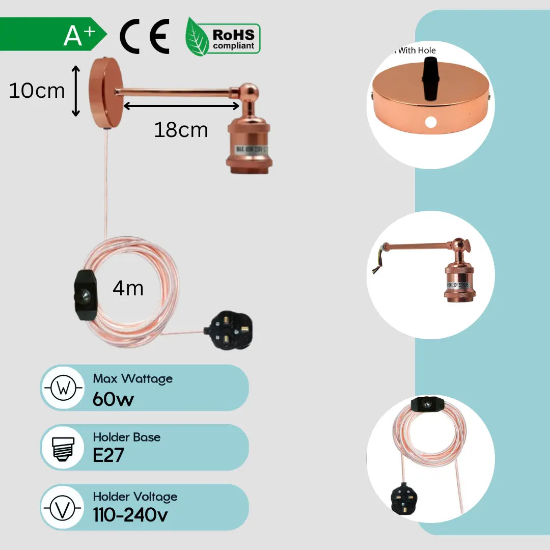 Wall Plug-in lights Vintage Wall Sconce Lamp Rose Gold ~1453