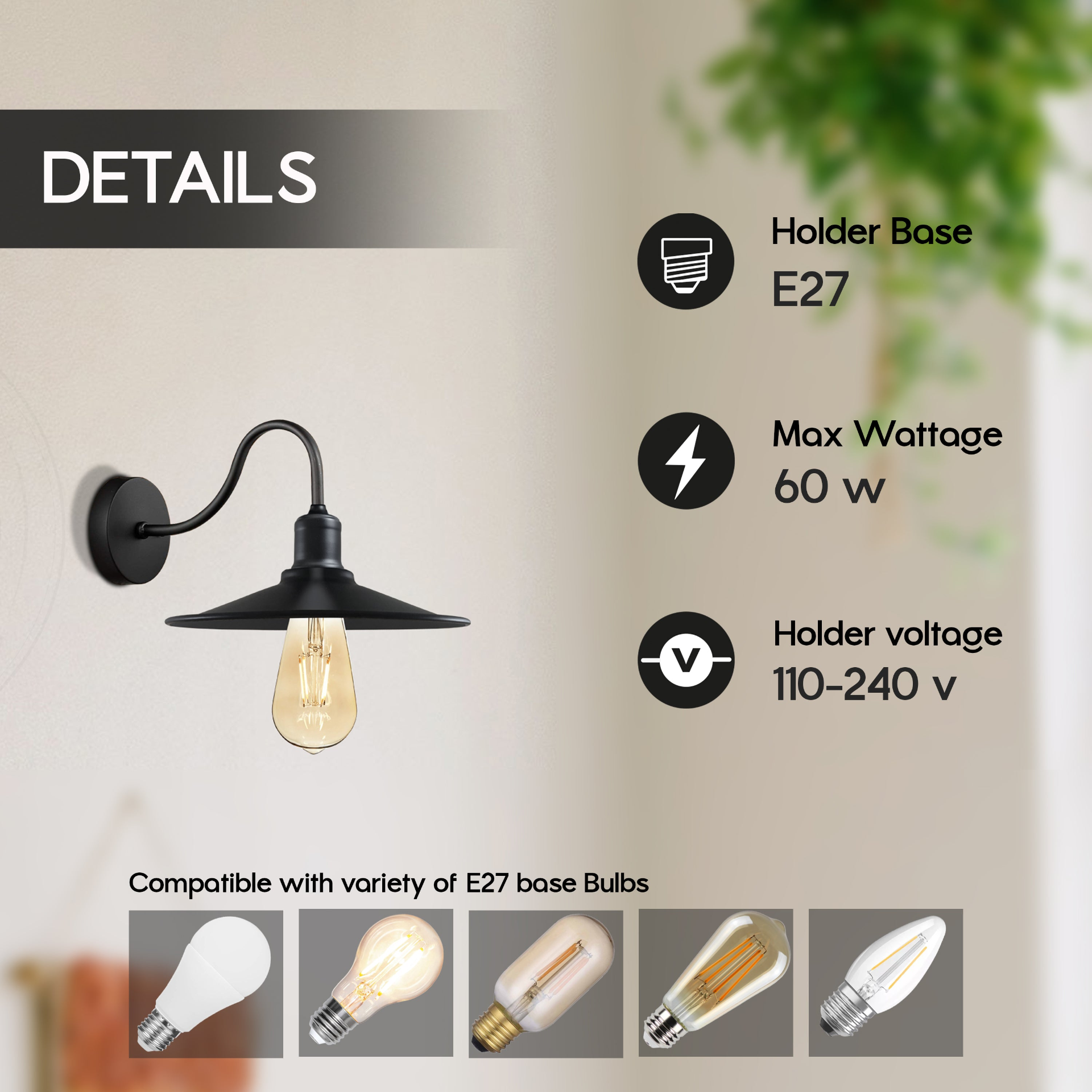 Wall Sconce Black Cone Shape Shade ~1502