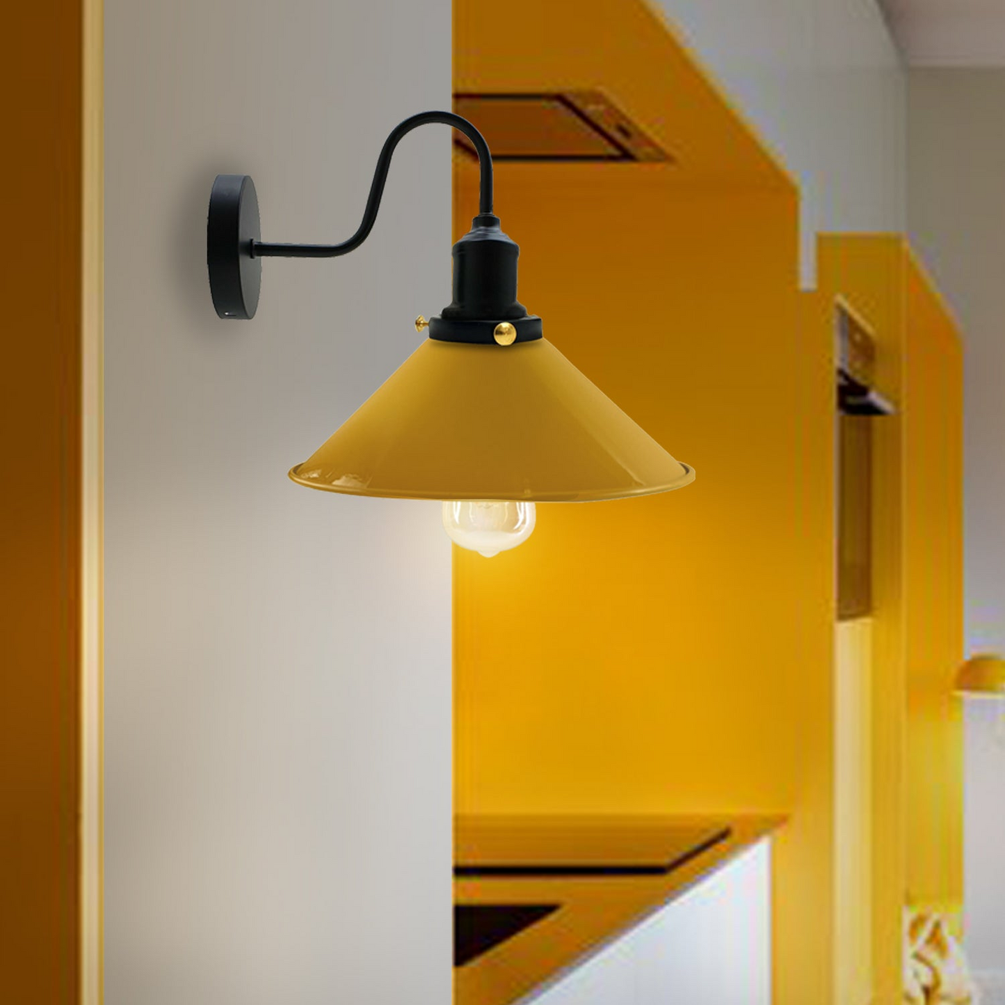 LEDSone Industrial Vintage Swan Neck Indoor Sconce Metal Cone Yellow Shape Shade~3486