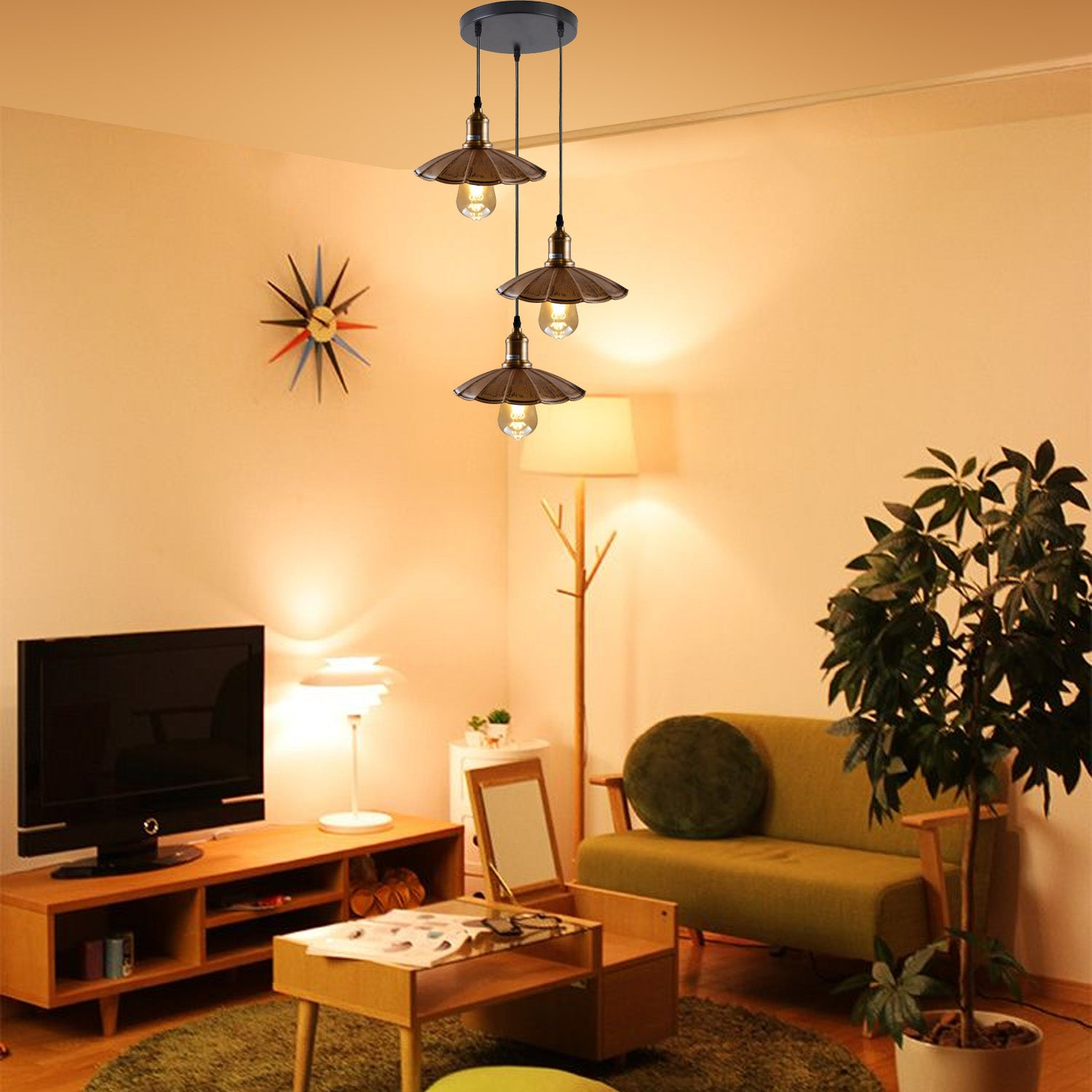 3 Head Industrial Brushed Copper Wavy Metal Ceiling Pendant Light~1483