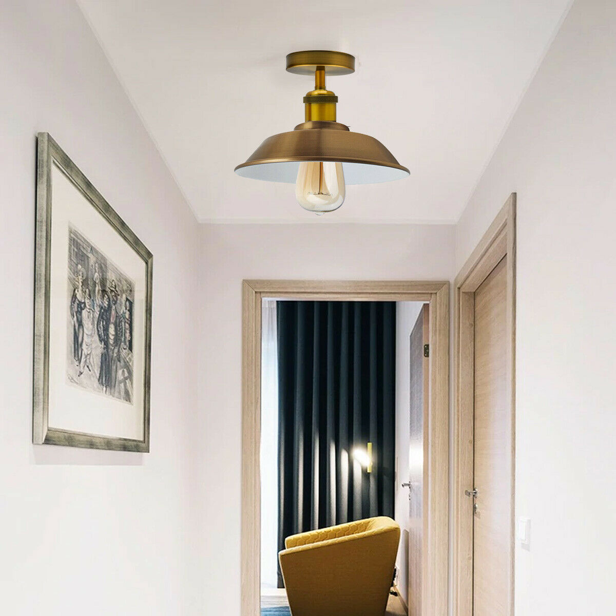 Ceiling Light Retro Flush Mount Ceiling Lamp Shade Fitting Yellow Brass~1929