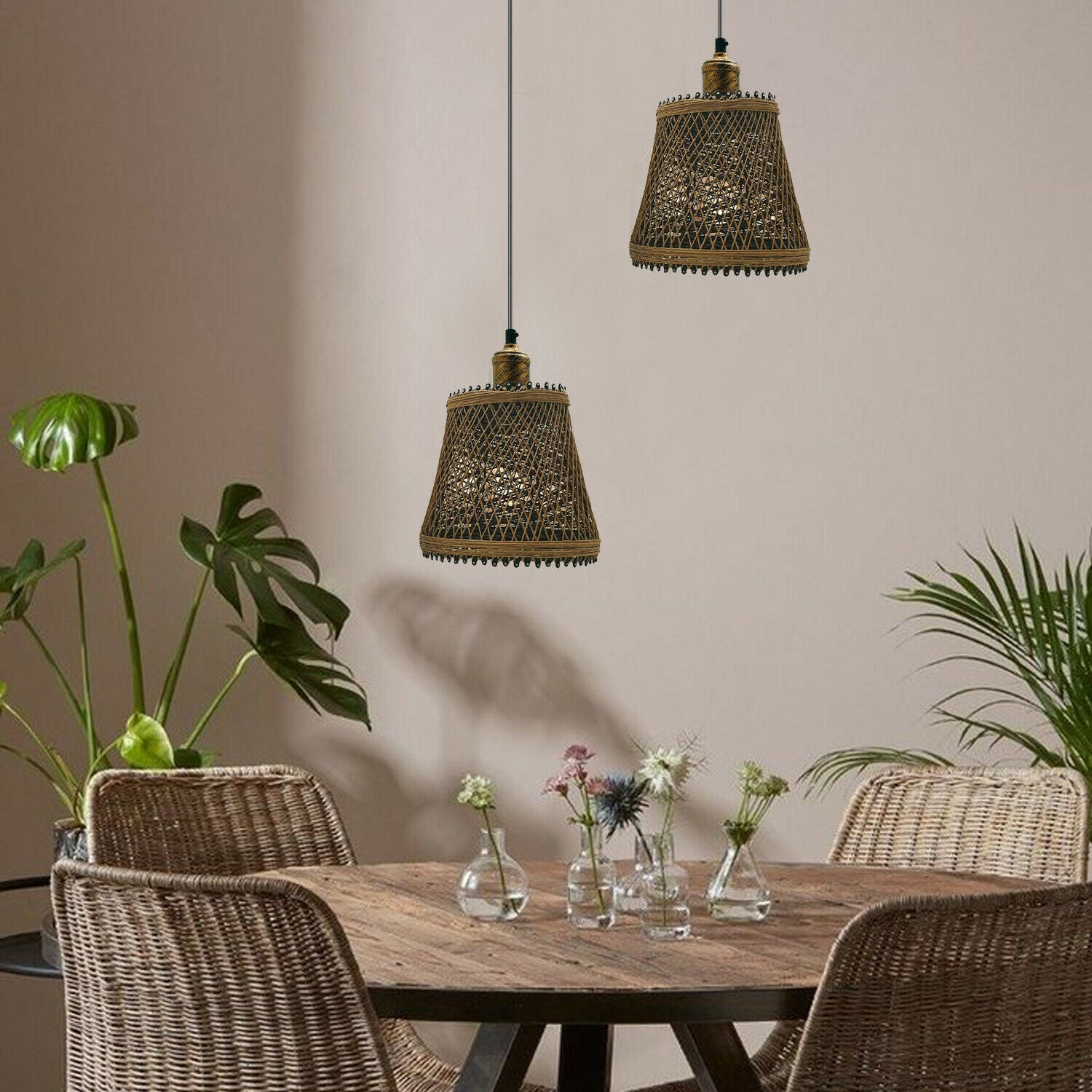 Natural Rattan Wicker Ceiling Pendant Light Lampshade Metal Pendant Lighting Kit - Basket Shape~1562