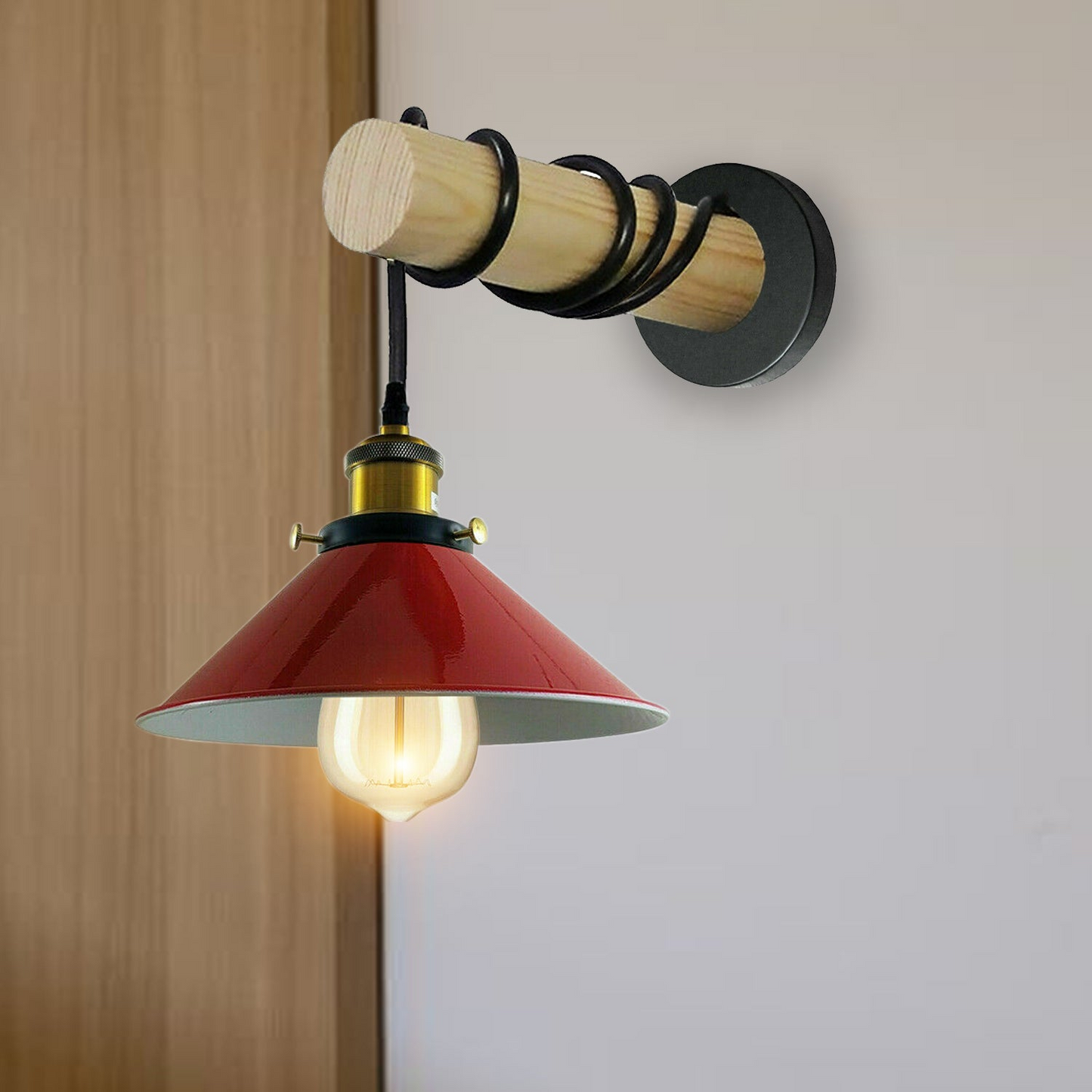 Modern Combined Solid Wooden Arm Chandelier Lighting With Red Cone Shaped Metal Shade wall sconce~3475