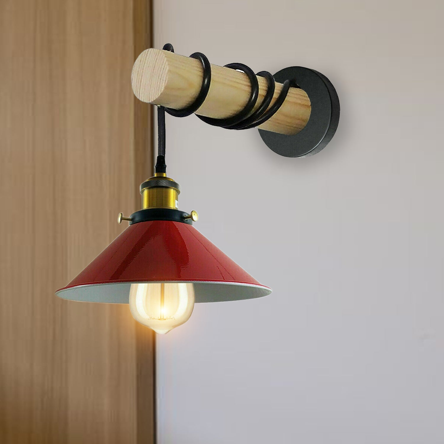Modern Combined Solid Wooden Arm Chandelier Lighting With Red Cone Shaped Metal Shade wall sconce~3475