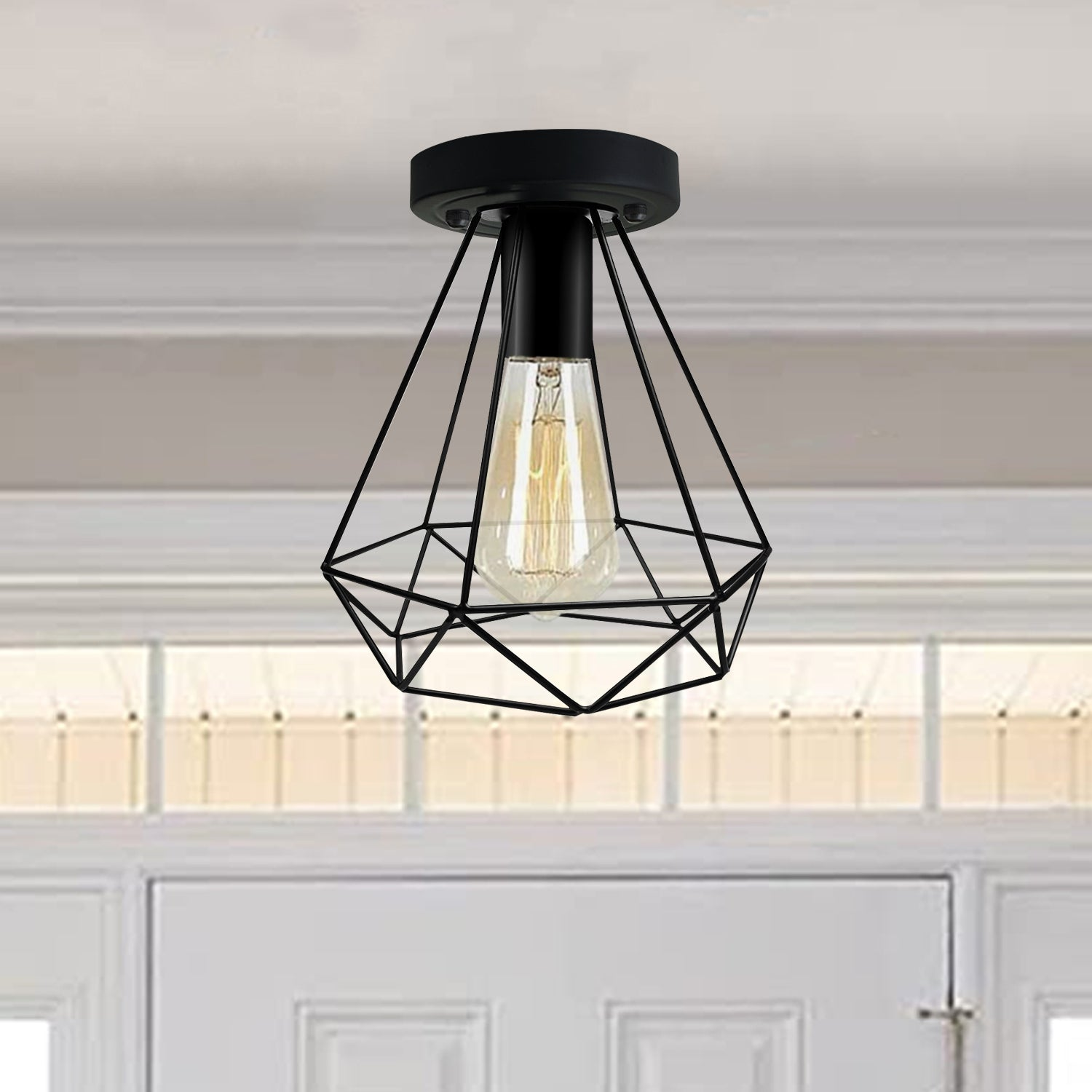 Vintage Industrial Black Metal Indoor Flush Mount Ceiling Light for Bar, Bedroom, Dining Room, Living Room~1025